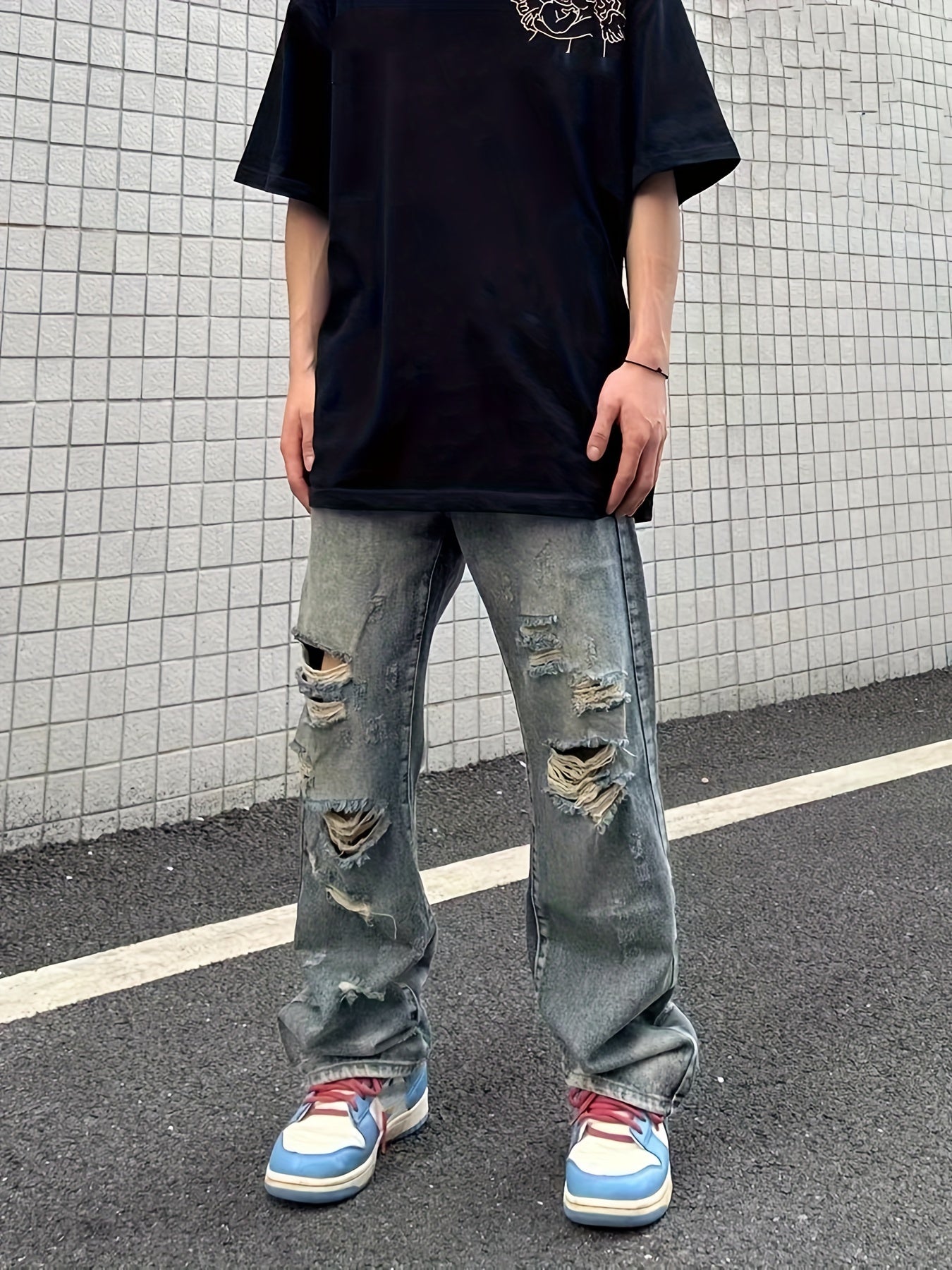 Maxct  Baggy Ripped Cotton Jeans, Men's Casual Street Style Distressed Denim Pants For Spring Summer