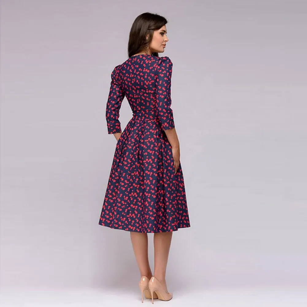 pleated tunic print dress women Elegant ladies A line dresses Long sleeve female autumn mixi party dress vestidos