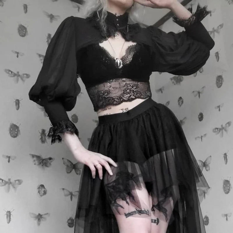 Maxct Women's Gothic Tops Short Blouse Women Featured Lace Wrap Design Dark Court Style High Neck Crop Top