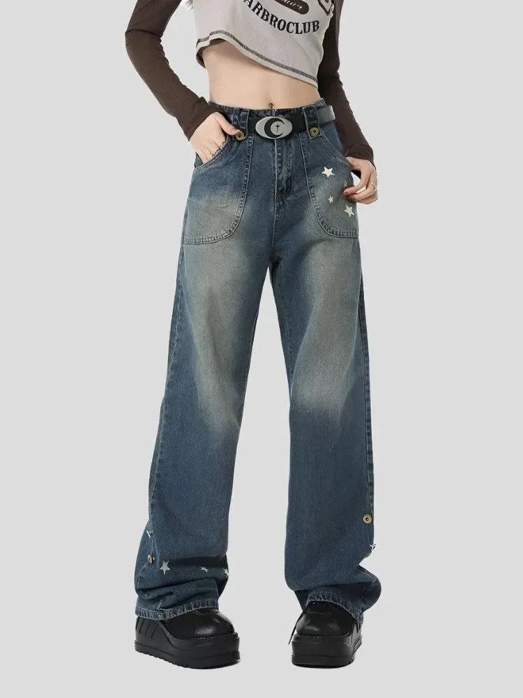 Loose Jeans Five-Point Star Design for Women Maxct