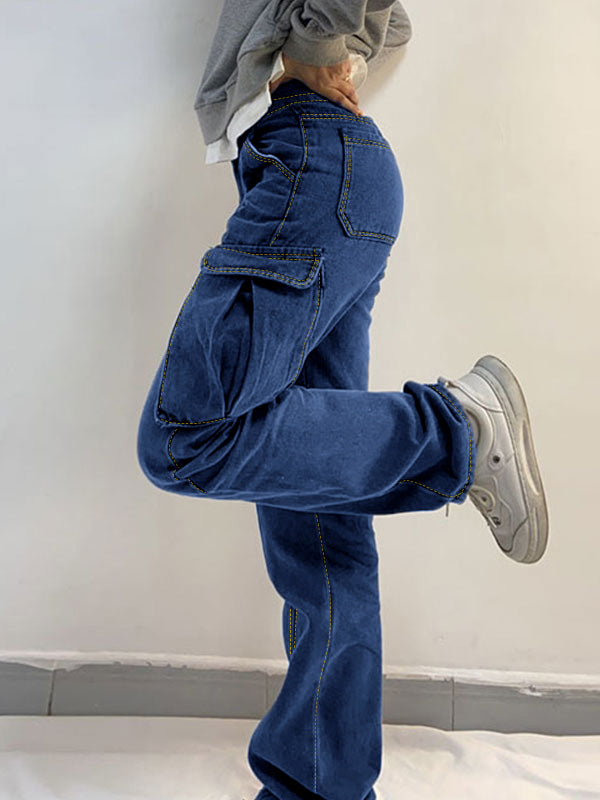 Washed Mid Waist Pocket Cargo Jeans Maxct