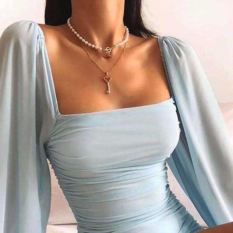 Maxct homecoming dresses Women's Blue Tan Collar Lantern Sleeve Long Sleeve Sheath Sexy Dress