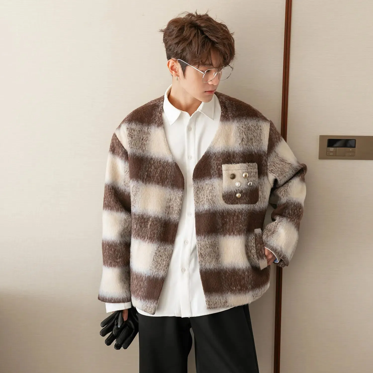Maxct V-neck Color Striped Woolen Coat