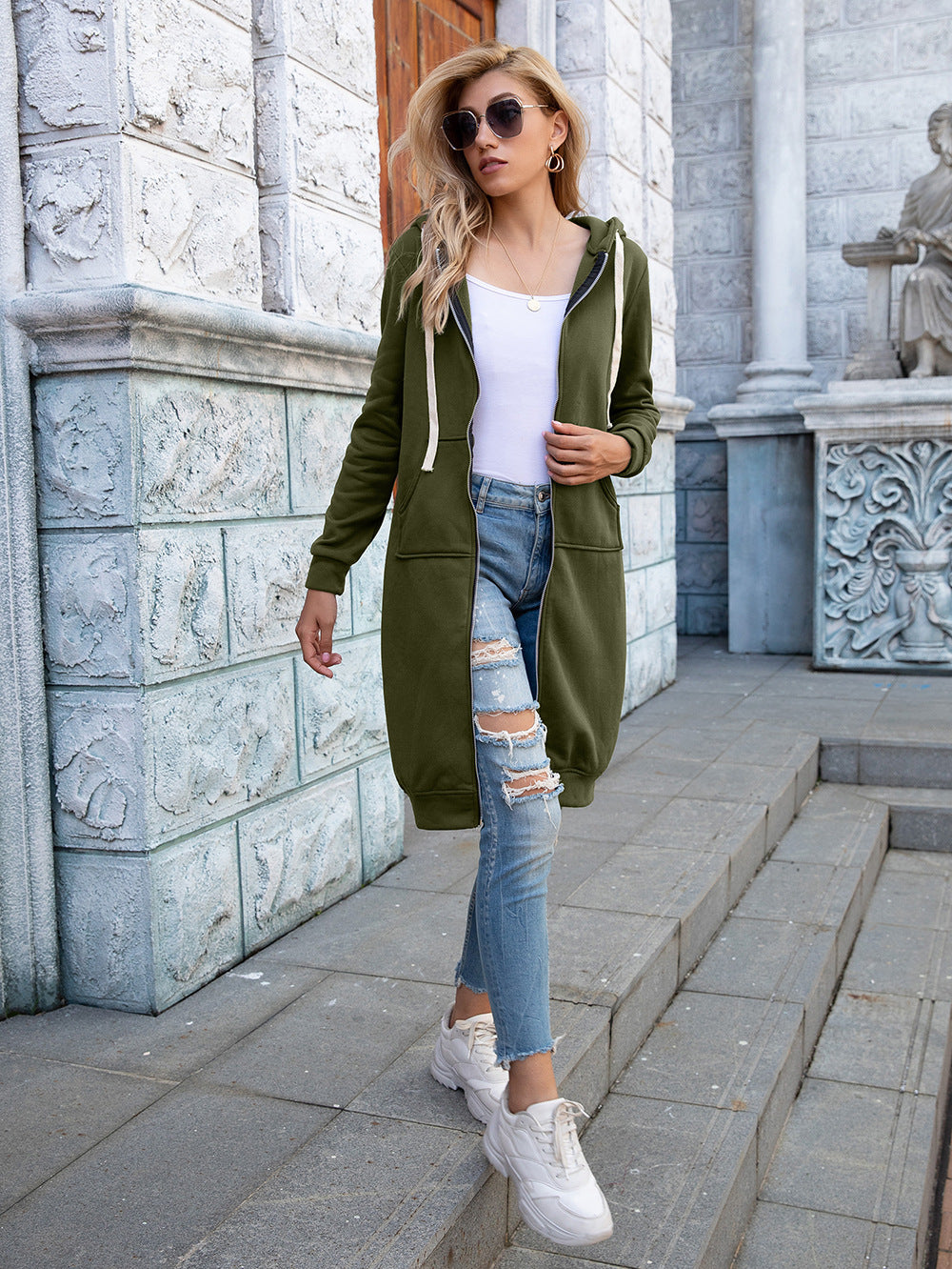 Full Size Zip-Up Longline Hoodie with Pockets - Image 13
