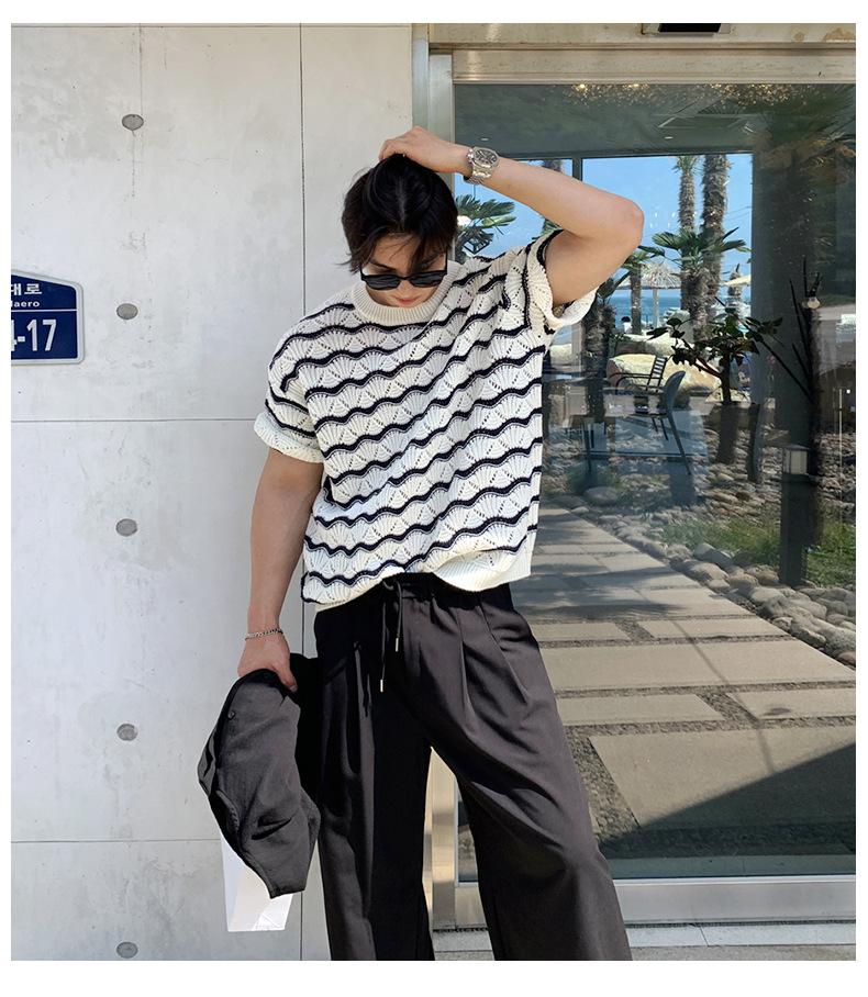 Maxct 90s Streetwear Men's T-shirt Short-sleeved Summer Trendy Brand High-grade Sense Heavy Industry Hollow Knitted Sweater Jacquard Wave Striped T-shirt Top