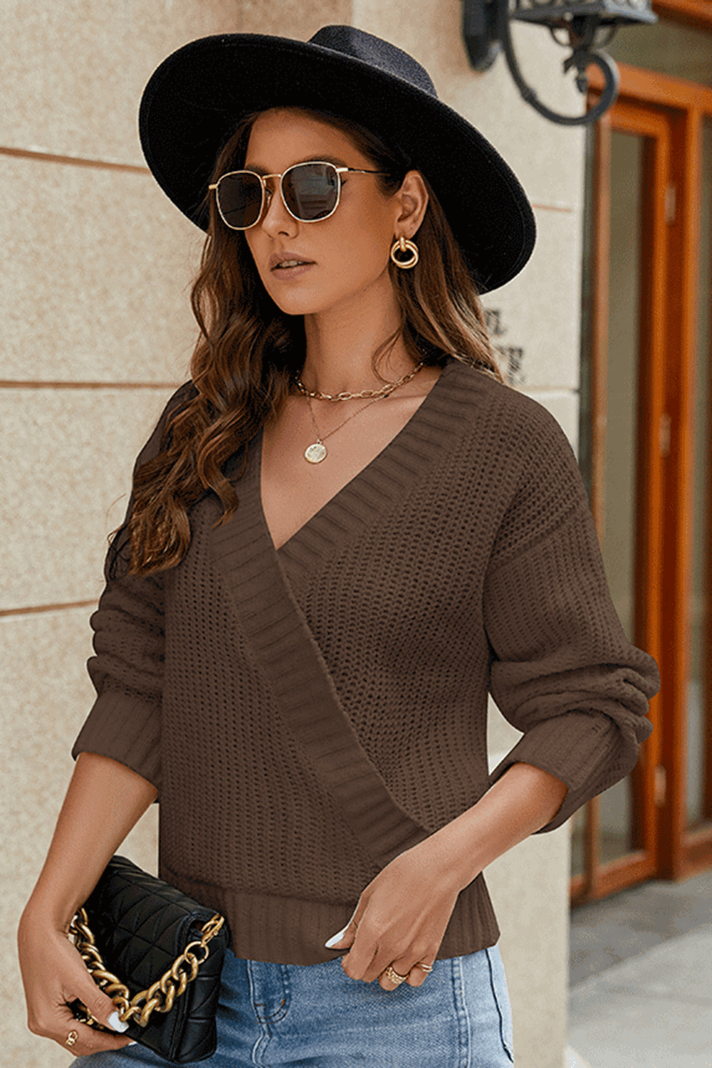 Maxct &Surplice Neck Long Sleeve Sweater