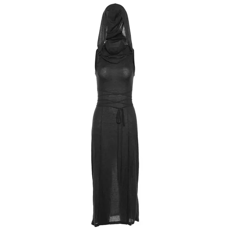 Wasteland Punk Dress y2k Solid Color Sleeveless Hollow Out Back Side Slit Hooded Dress 2000s Grunge Party Dresses Maxct