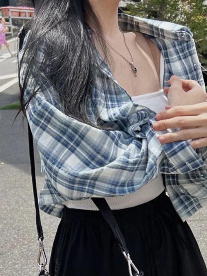 Maxct Vintage Plaid Short Loose Long Sleeve Blouse