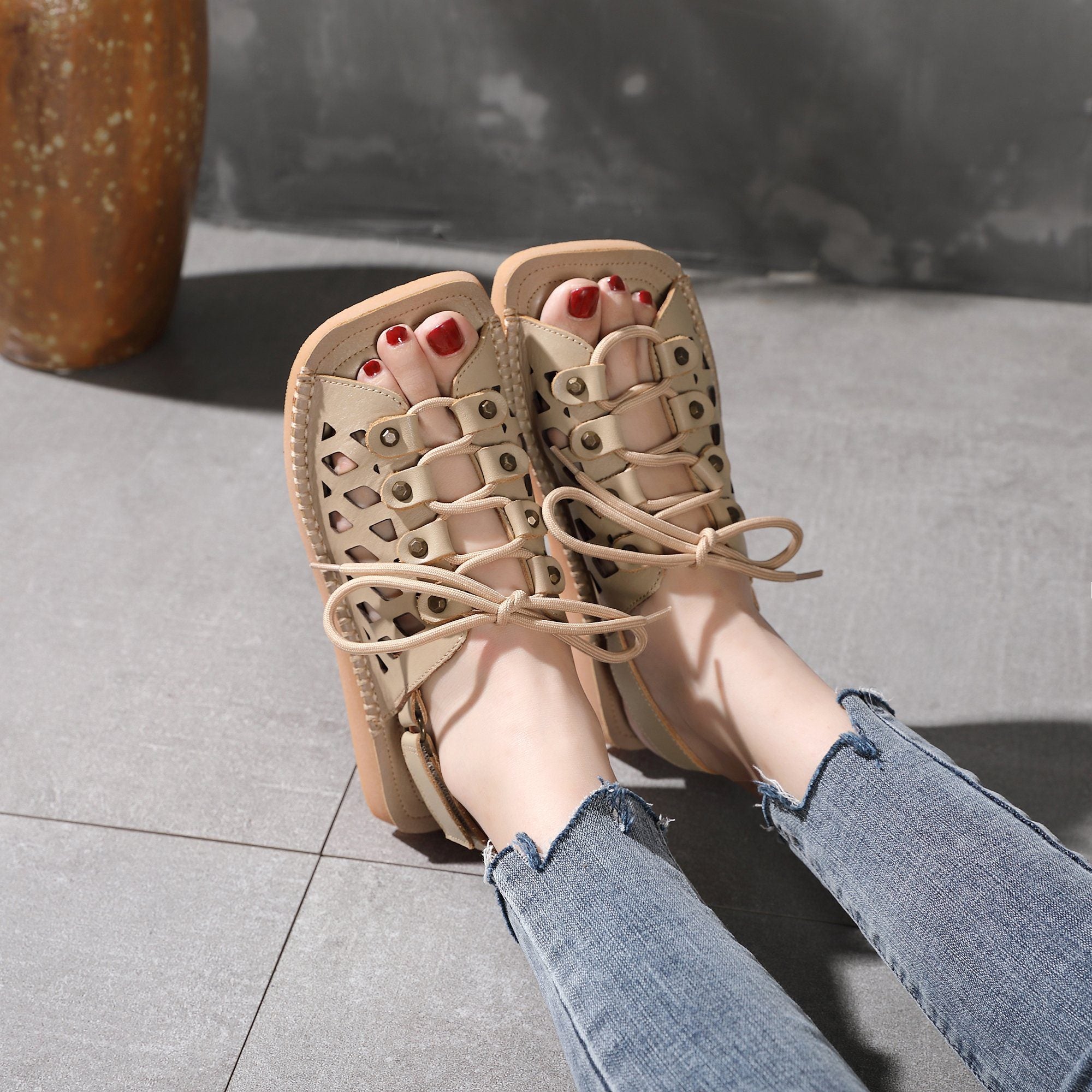 Strappy Sandals Peep Toe Retro Maxct