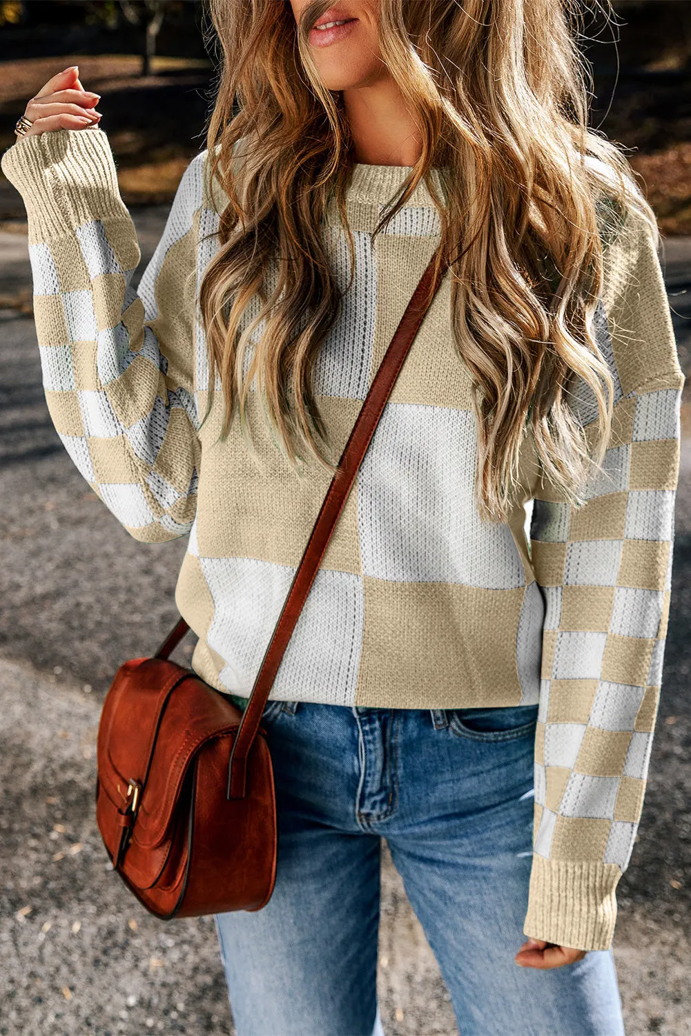 Maxct &Checkered Round Neck Drop Shoulder Sweater