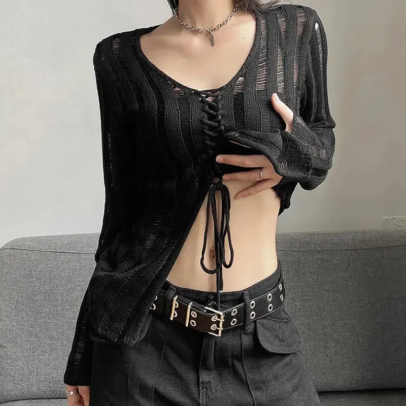 Maxct &Y2K Grunge Sheer Lace Up Knitted Top