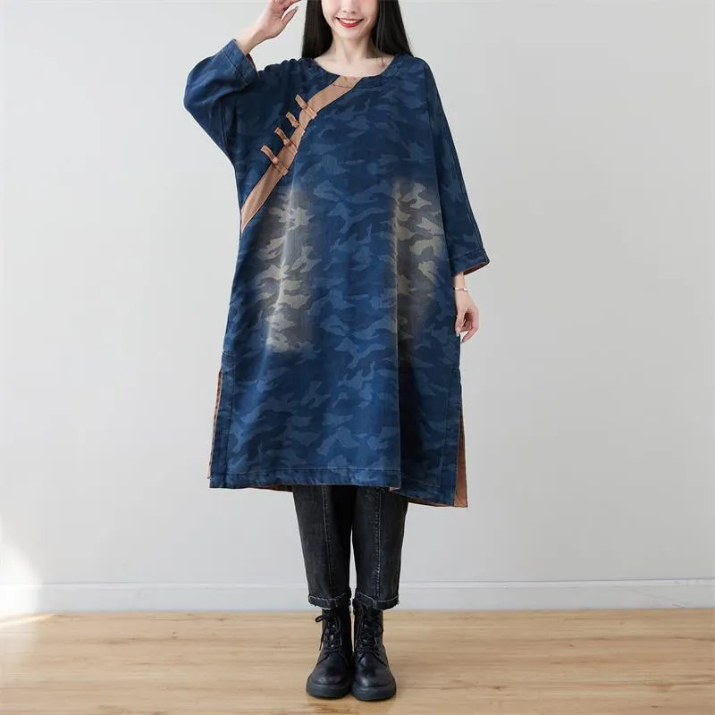 Spring Retro Washed Camouflage Round Neck Denim Midi Dresses