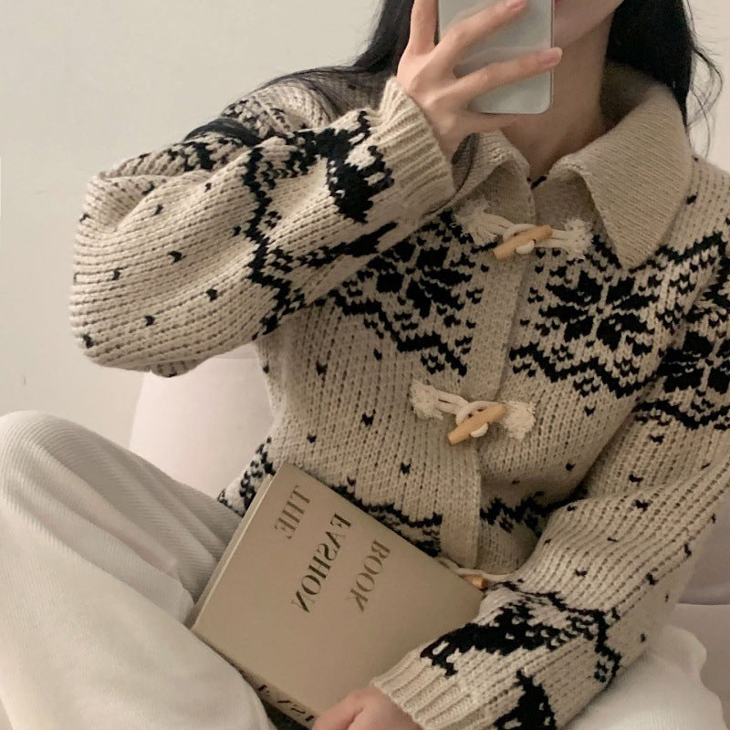 Maxct Aesthetic Snowflake Horn Button Knitted Cardigan - Image 4