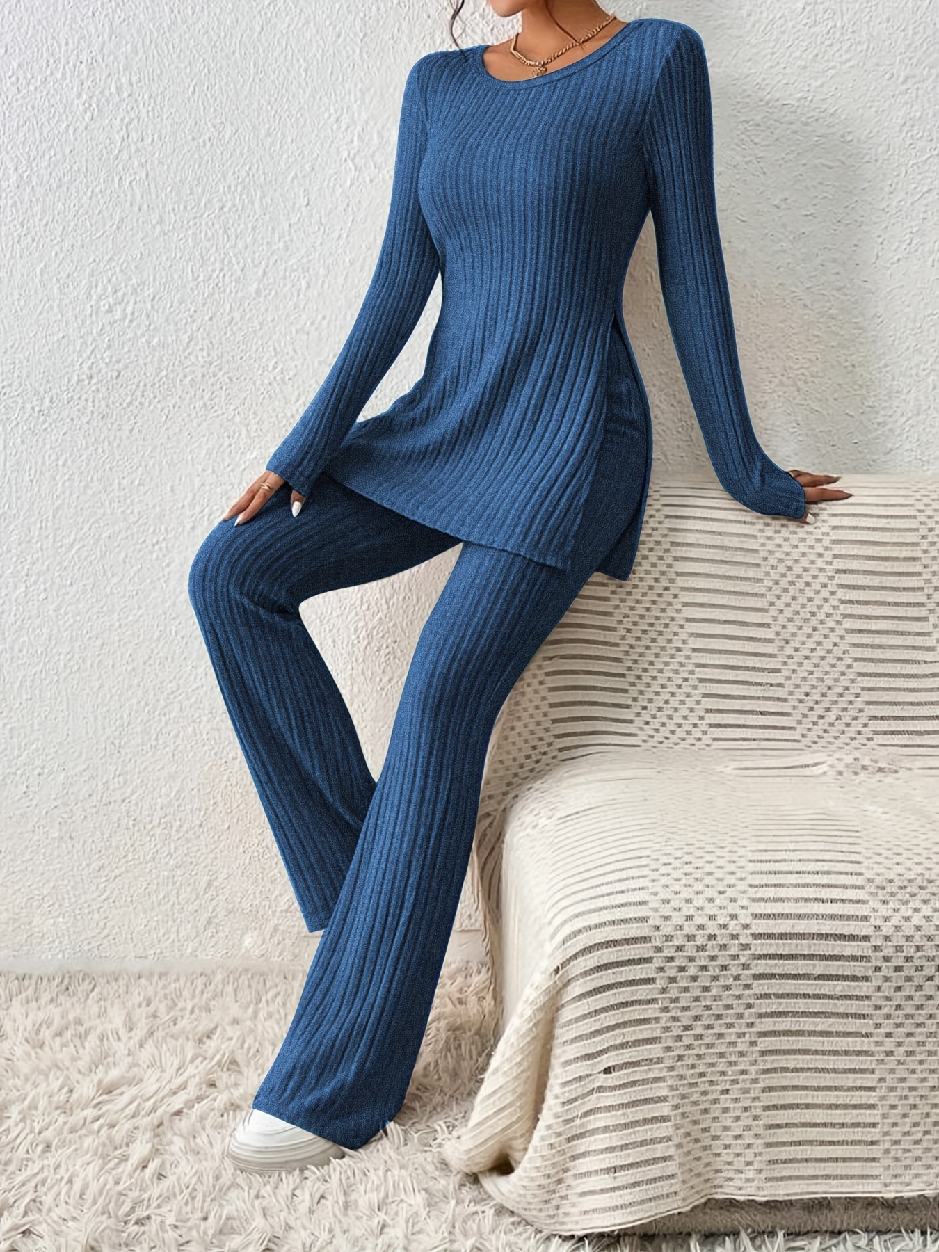 Solid Textured Two-piece Set, Long Sleeve Slit Long Length Top & Skinny Pants Outfits, Women's Clothing