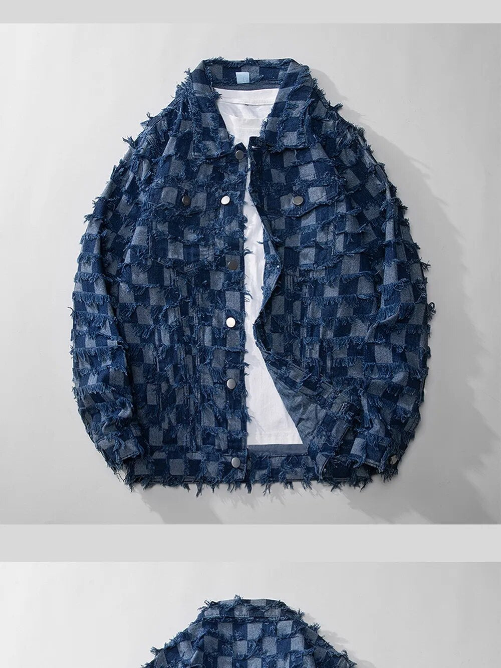 &Men's Retro Blue Plaid Tassel Denim Jacket