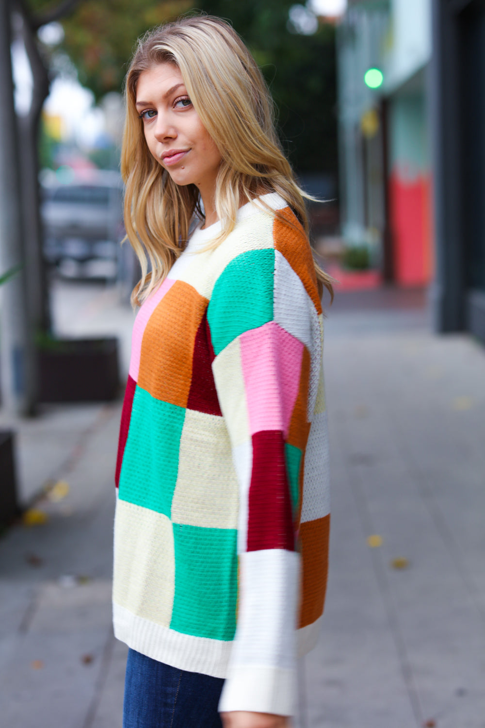 Maxct &Adorable Ivory & Camel Checker Jacquard Knit Sweater