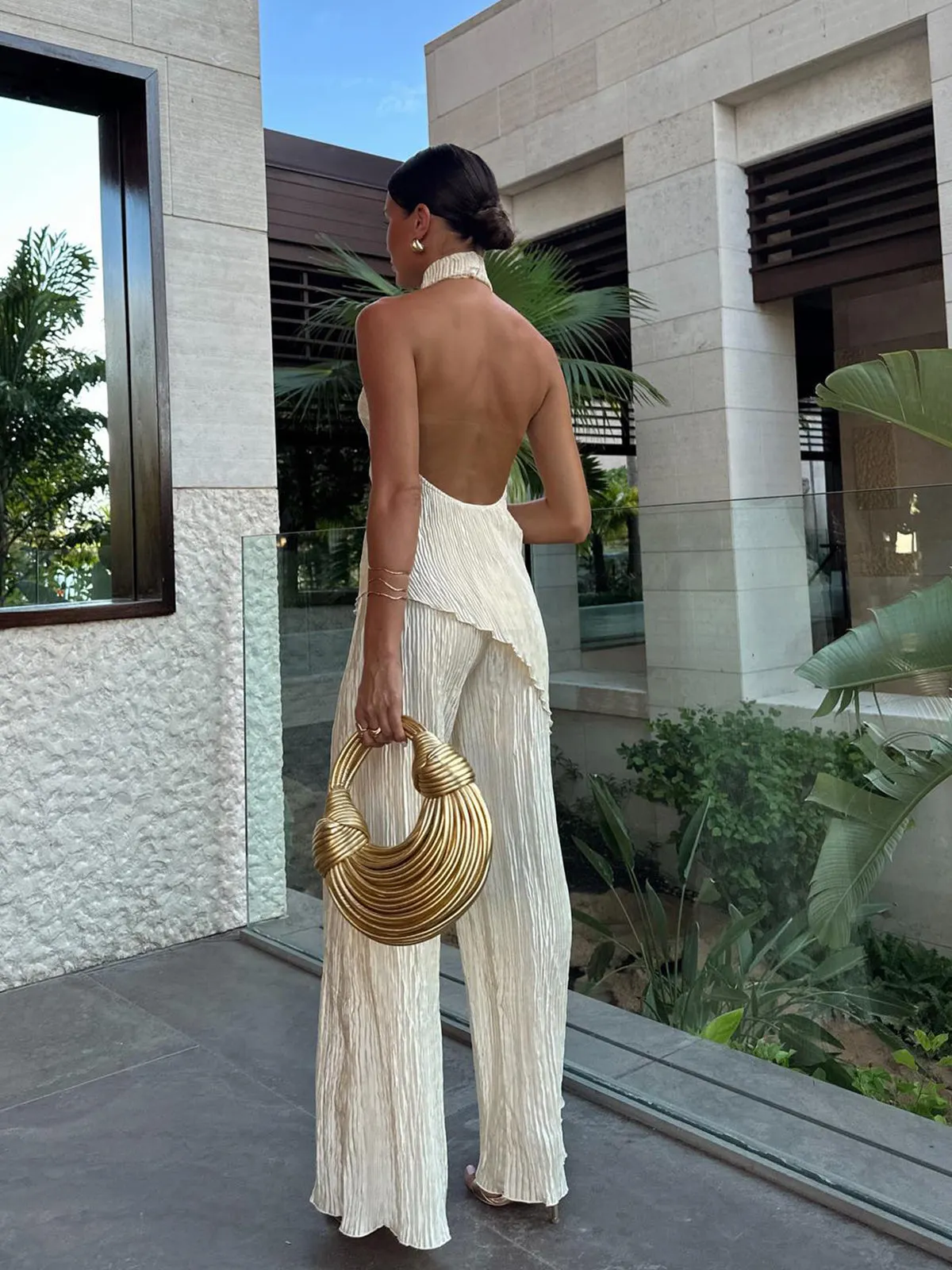 Maxct Asymmetric Halter Crop Top With Wide Leg Pants Set