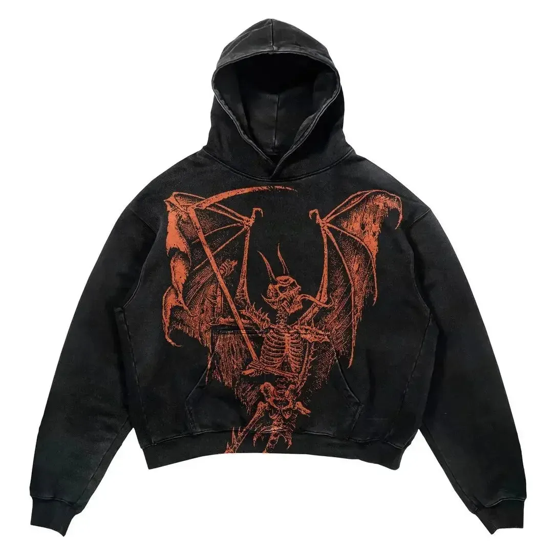 Maxct Y2k Punk Wind Skull Printed Cotton Hoodies Sweatshirt Couples Hip-hop Retro Street Loose Oversized Hoodies Harajuku Gothic Top