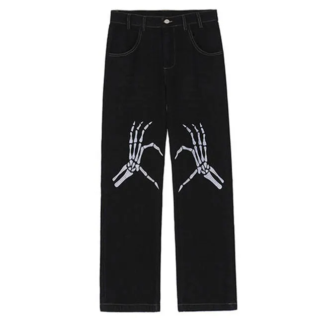 Skeleton Hands Embroidery Jeans Maxct