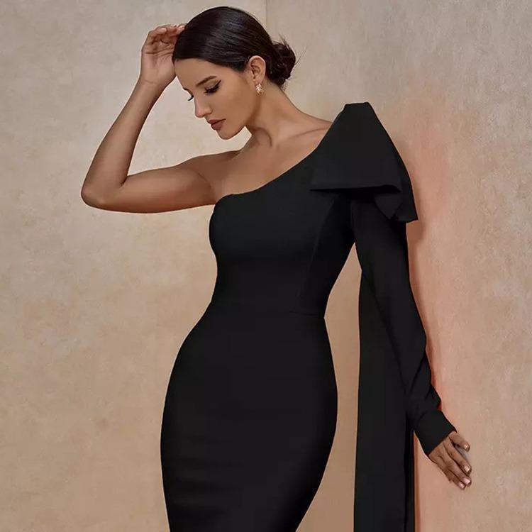 Maxct High-end Women's Rich And Golden Style Bandage Dress Three-dimensional Big Bow Shoulder Waisted Dinner Cocktail Dress