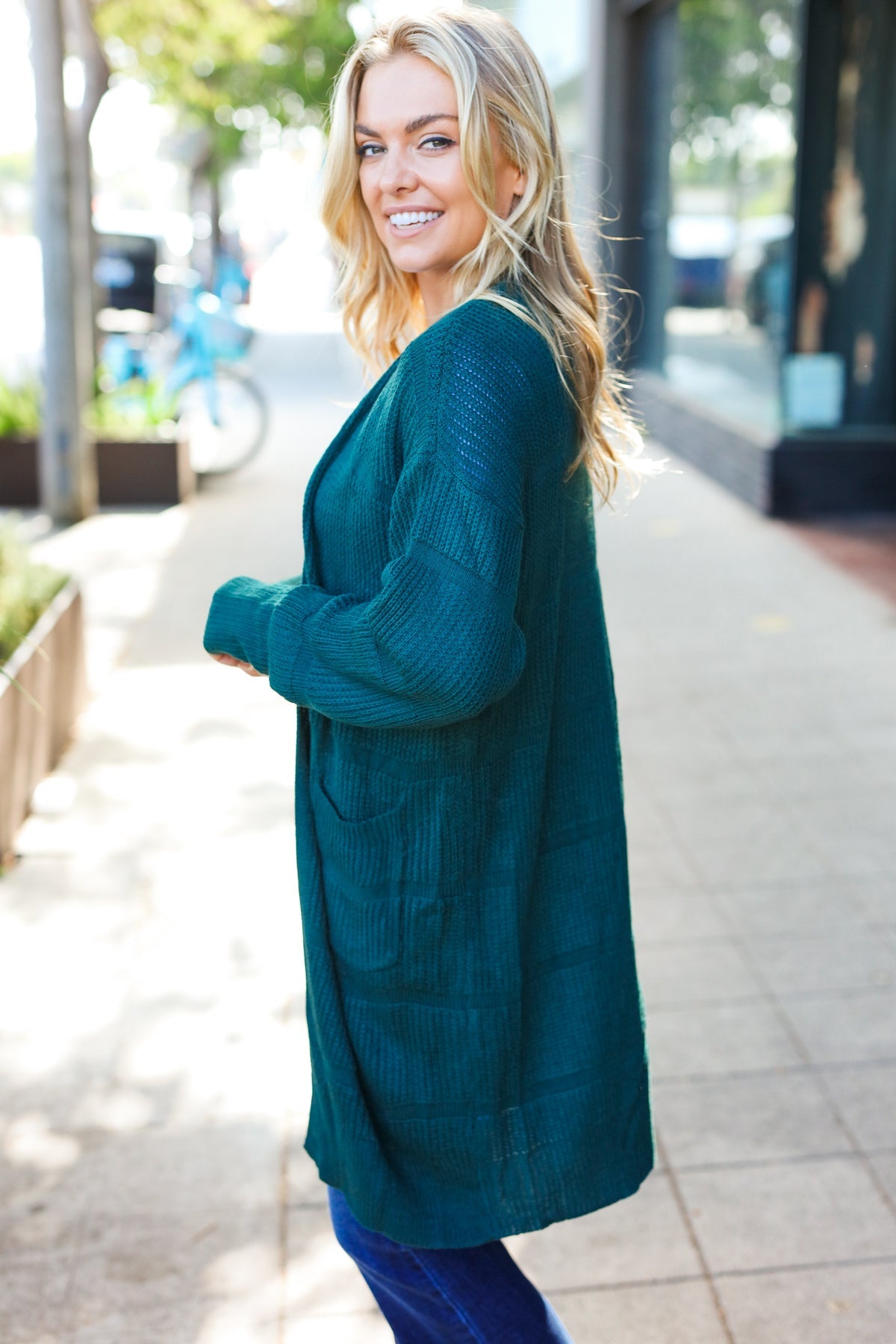 Maxct &Everyday Hunter Green Striped Knit Open Cardigan
