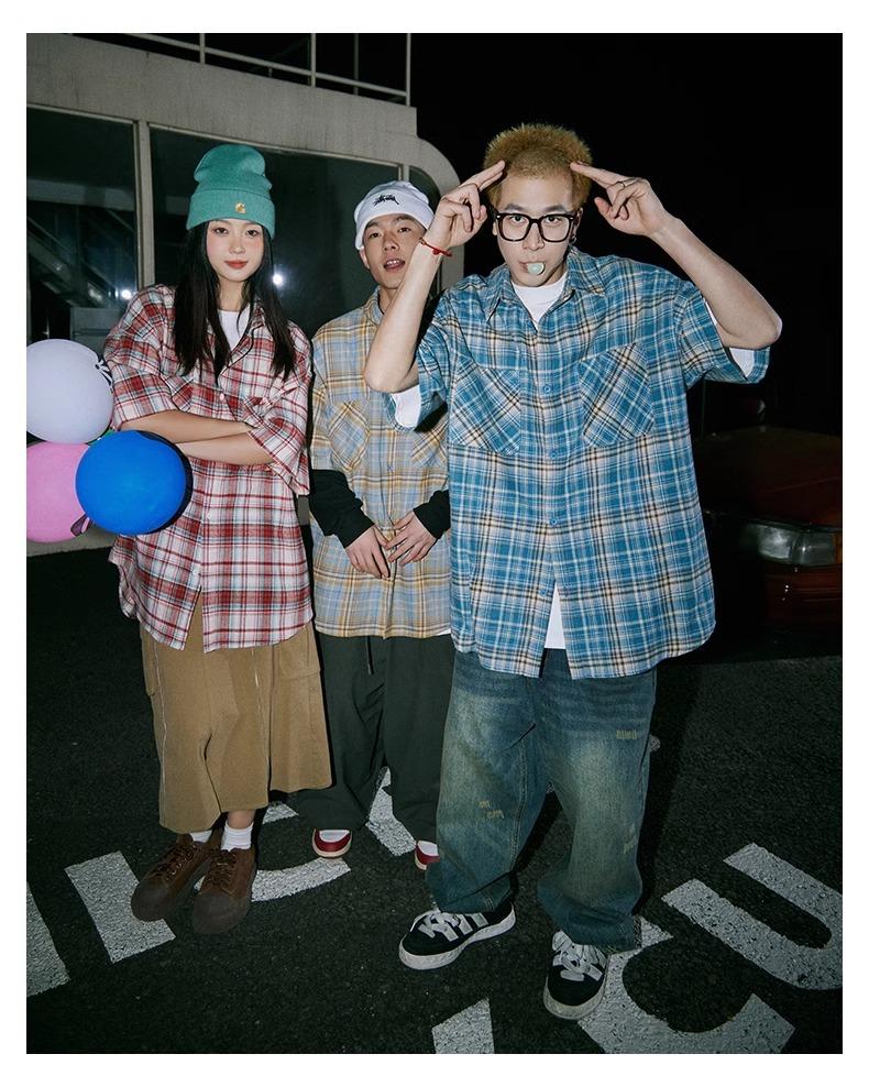 Maxct 90s Streetwear Japanese Niche Plaid Short-sleeved Shirt Men's Summer New Loose Trendy Brand All-match Shirt Couple's Coat Top