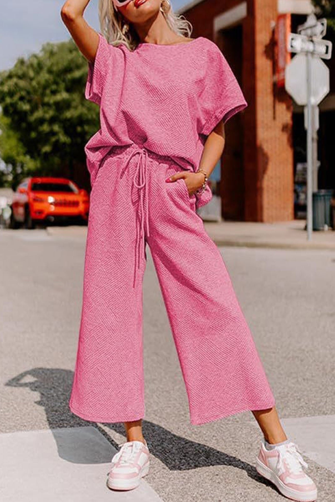 Maxct Solid Textured T-shirt Long Pants Set