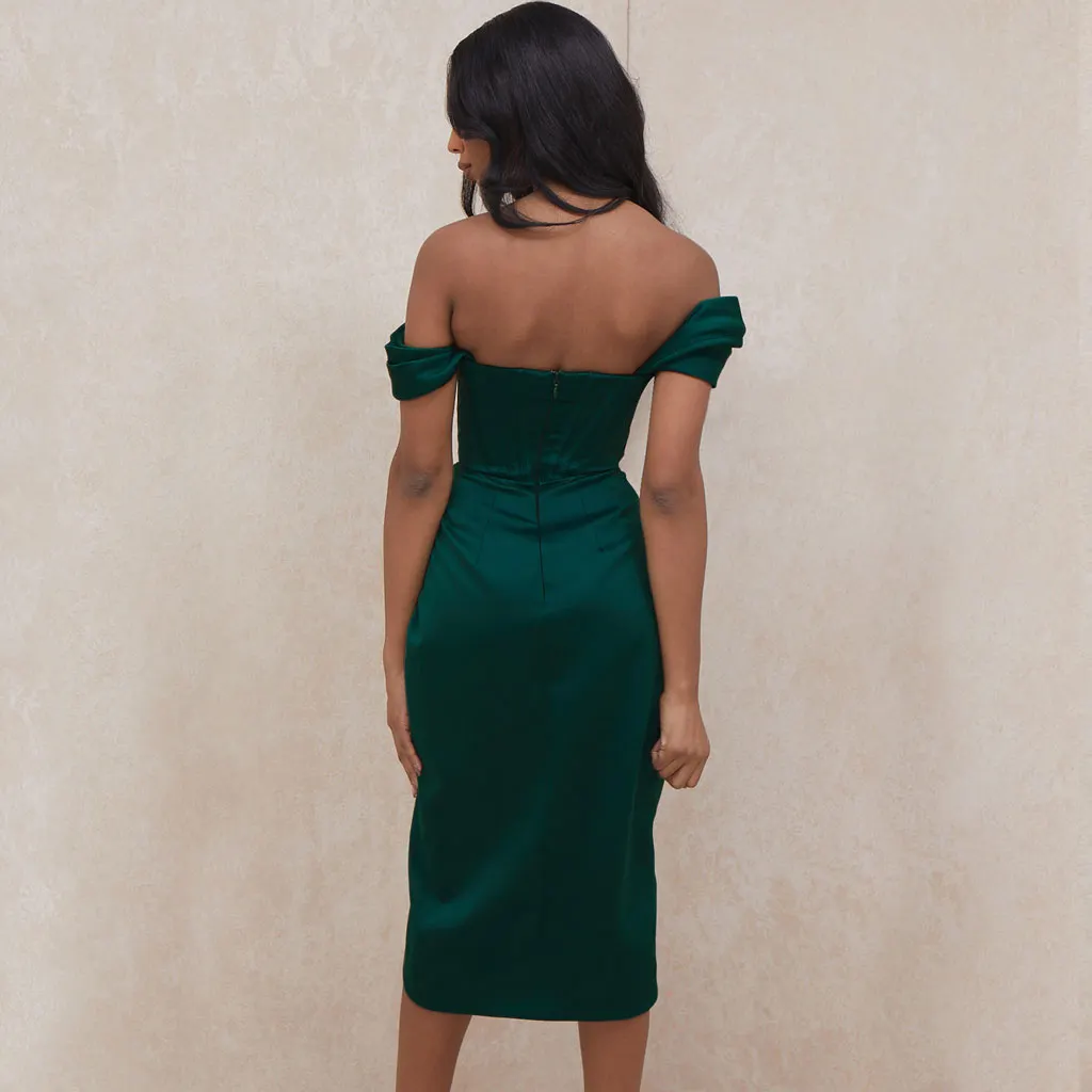 Off Shoulder Draped Corset Cocktail Midi Dress - Emerald Green Maxct