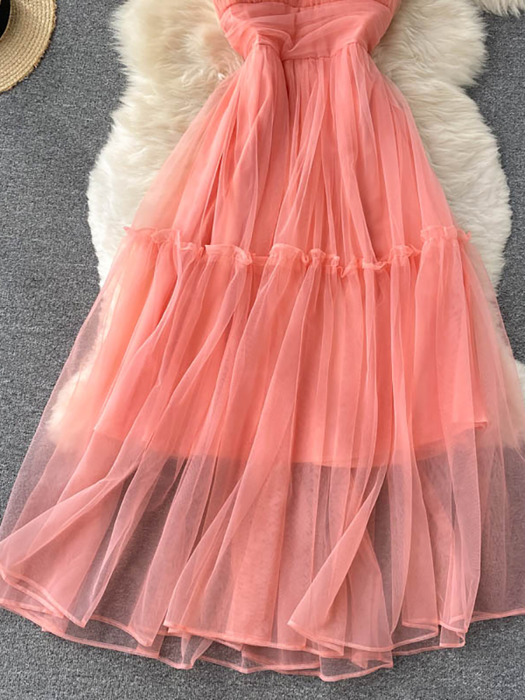 Maxct Women Sexy Mesh Spaghetti Strap Long Dress Summer Orange/Purple/Blue/Pink Ruffle A-Line Beach Robe Female Elegant Party Vestidos