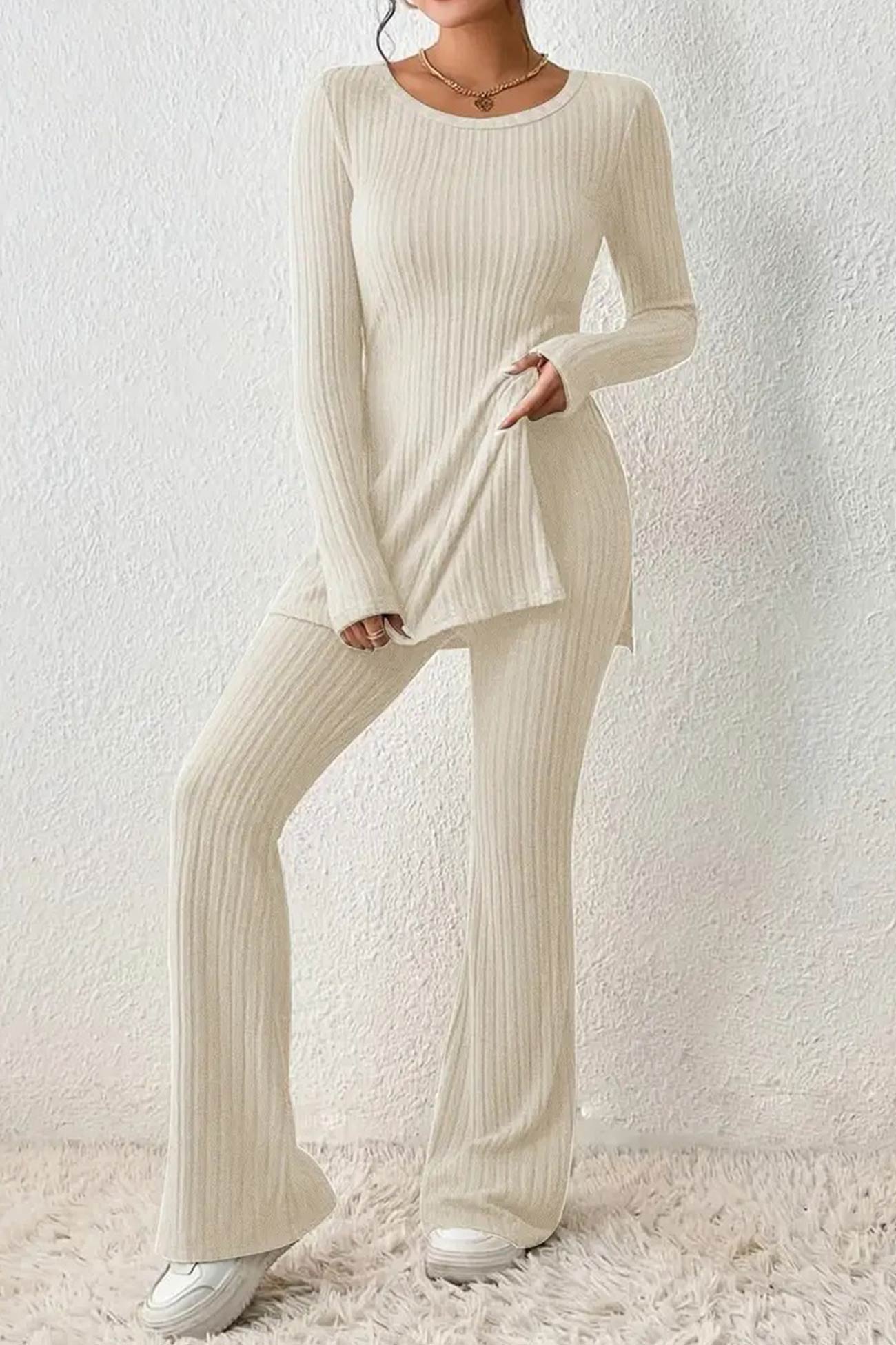 Maxct Ribbed Knit Slit Hem Tops Flares Long Pants Set