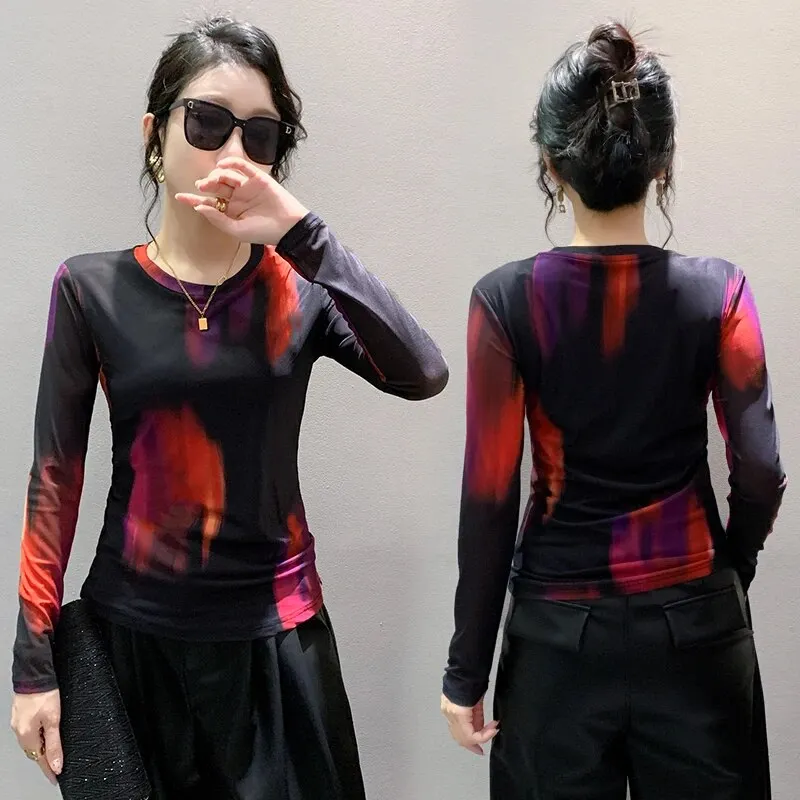 Maxct S-3XL New Vague Printing Mesh T-shirt Women's Round Neck Long Sleeve High Stretch Light Fabric Tees Tops - Image 8