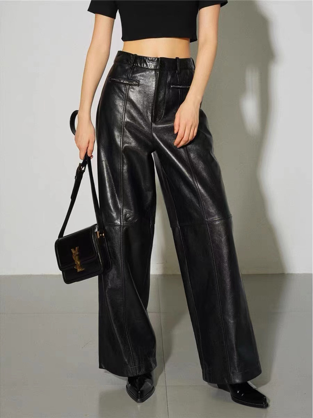 Maxct Zippered Faux Leather Straight Leg Mid-waist Pants