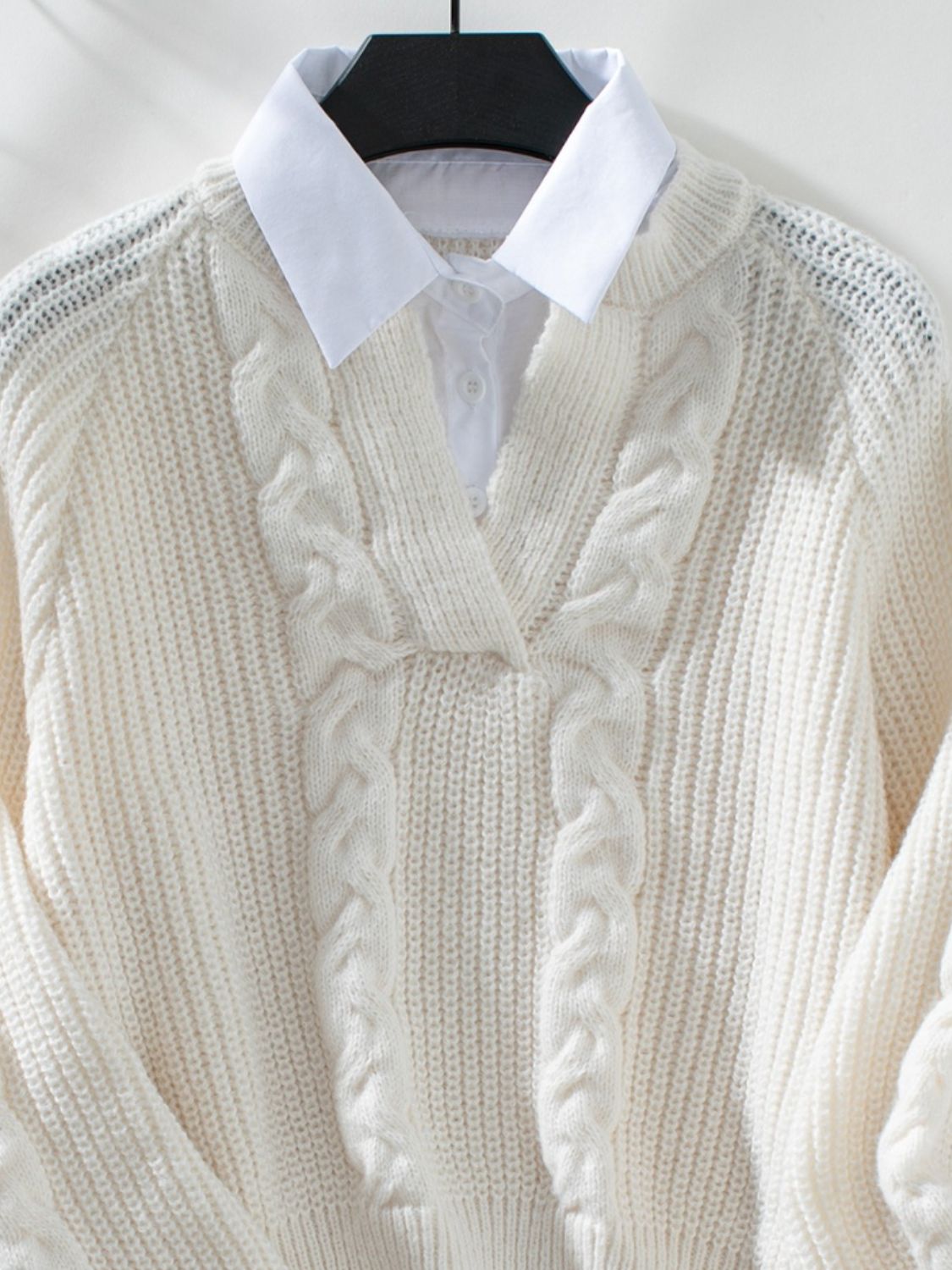 Maxct &Cable-Knit Collared Neck Faux Layered Sweater