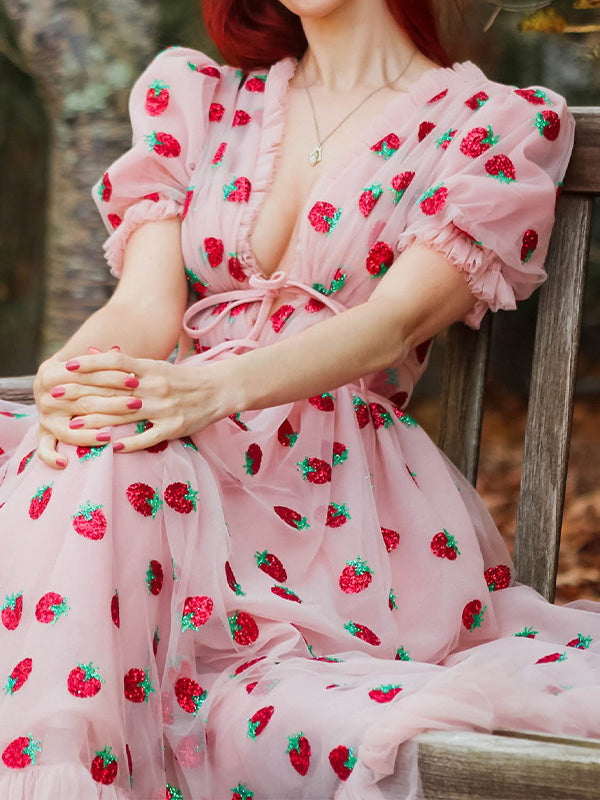 Sequined Strawberry Mesh Pleated Maxi Dress Maxct
