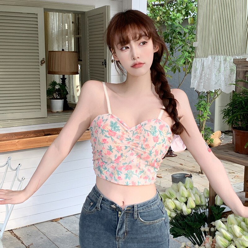 Maxct Tank Tops Navel Padded Women's Camisole Korean Version Floral Print Slim