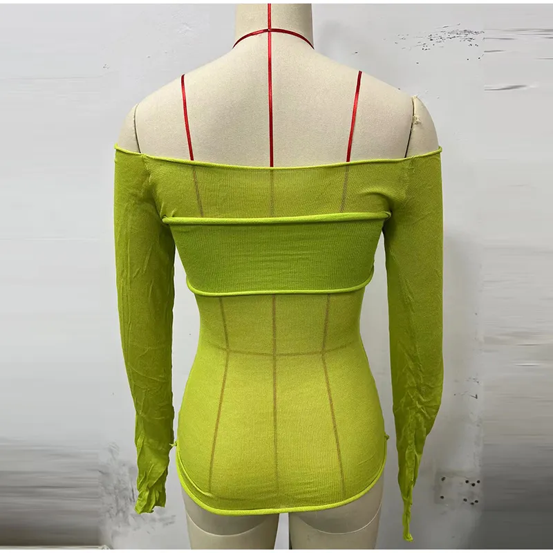 Sexy Transparent Off Shoulder Shirts Women Slim Fit Solid Perspective Thin T-Shirt Female Autumn Chic Elegant Daily Tops