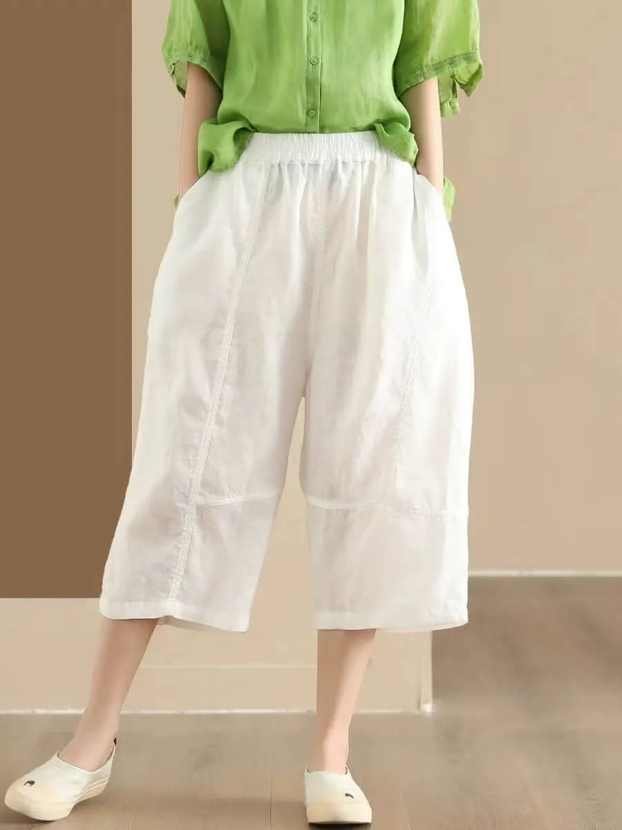 Maxct Women Summer Vintage Ramie Casual Cropped Pants