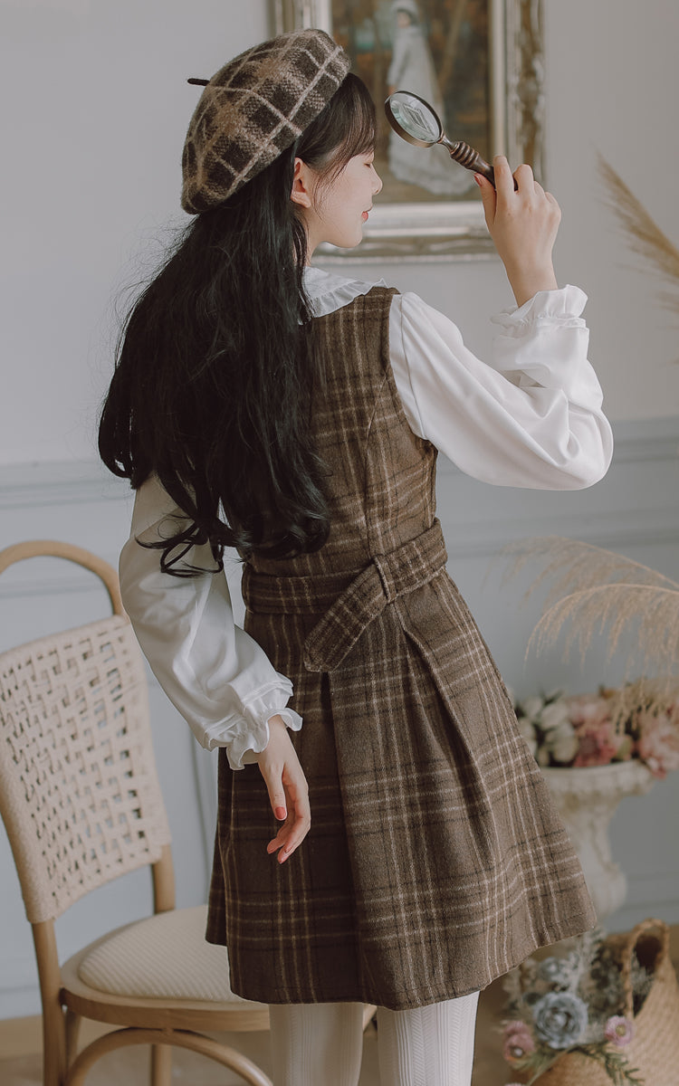 Coffee Plaid Pinafore Dress / Blouse Maxct