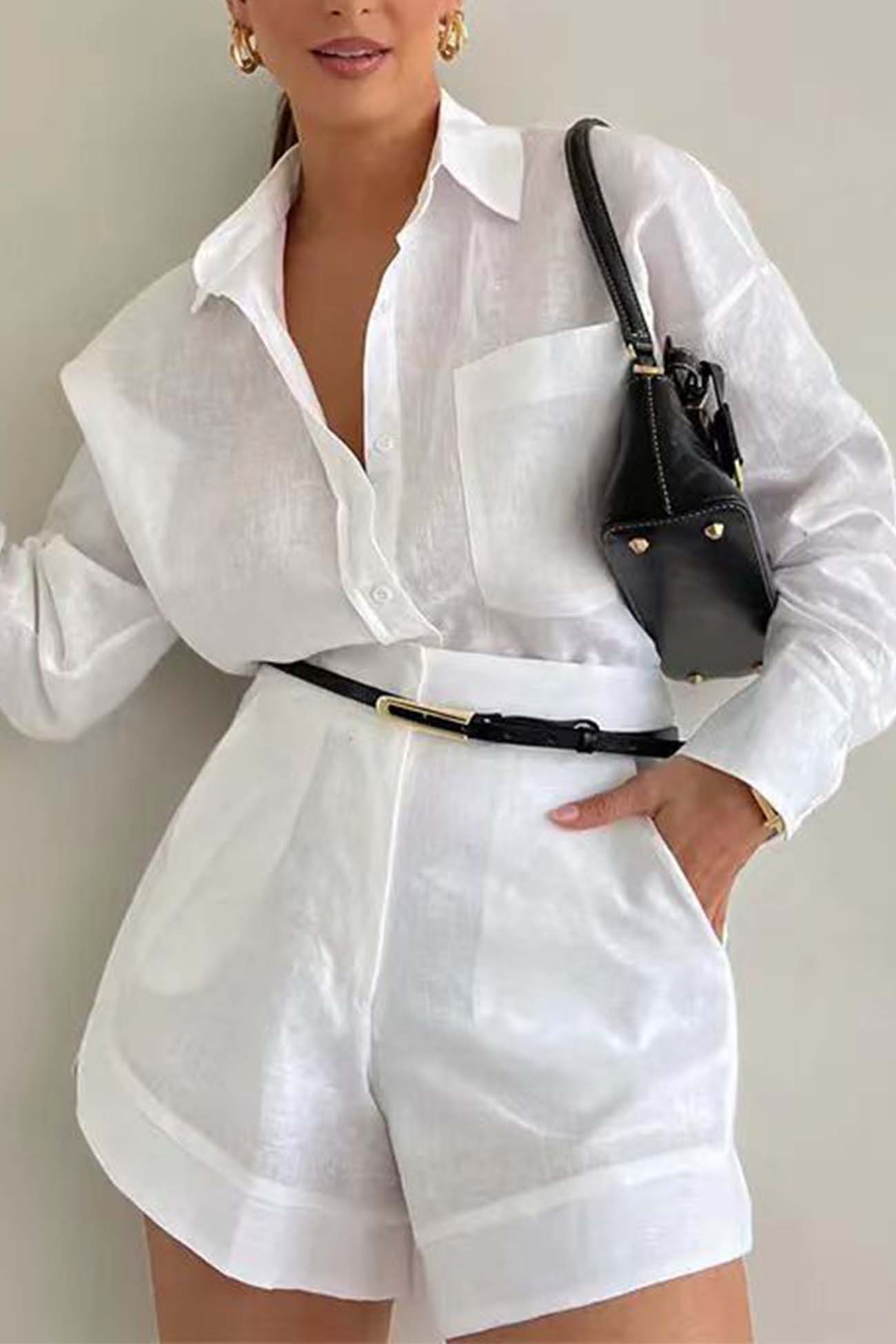 Maxct Solid Color Shorts Long Sleeve Shirt Suit