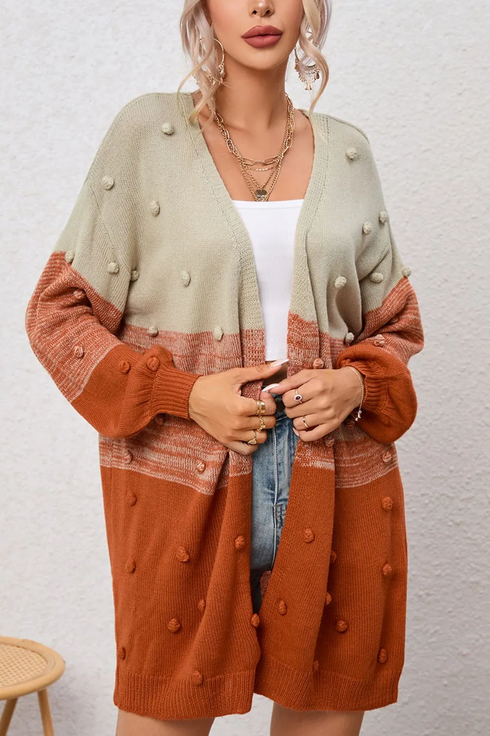 Maxct &Pompom Color Block Open Front Cardigan