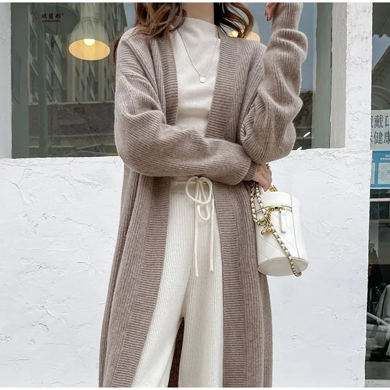 Casual Knitted Solid Long Cardigan Women Korean Loose Long Open Sweaters Female Autumn Chic Warm Simple Daily Street Tops