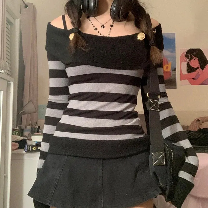 Maxct 2000s Retro Patchwork Long Sleeve Crop Top Hip Hop Harajuku T-shirt E-girl Punk Mall Grunge Emo Alt Clothes Women Pullovers Tees