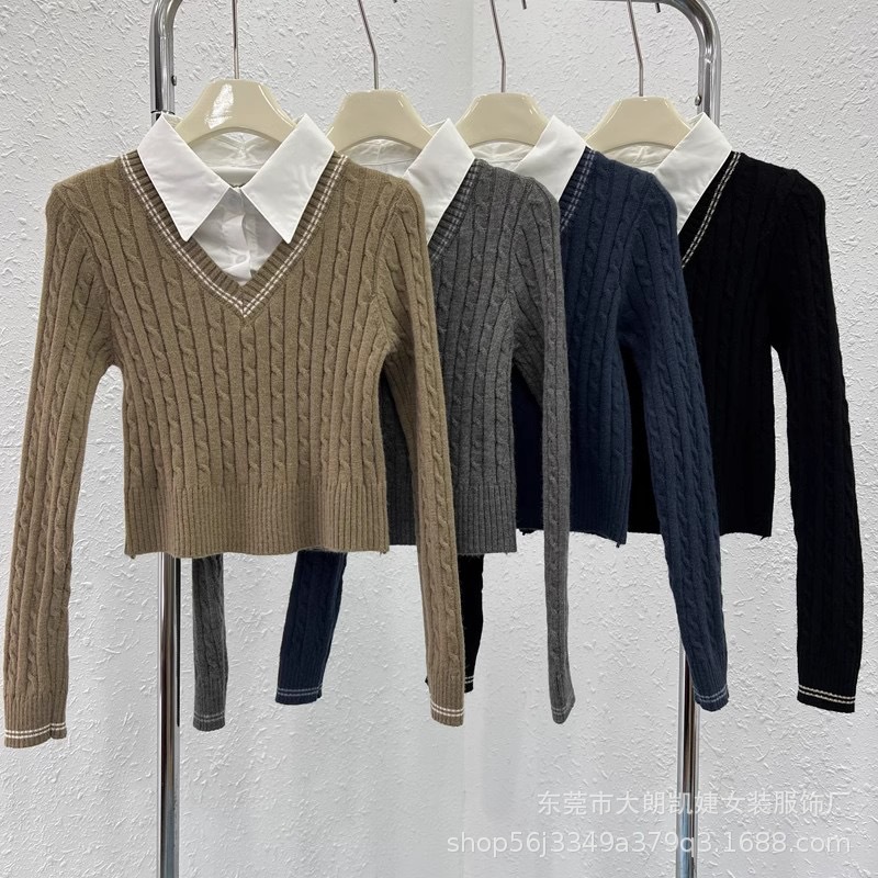 Maxct classy outfits men Preppy Style Twist Stitching Shirt Collar Fake Two Pieces Autumn New Knitwear Sweater Coat Top for Women