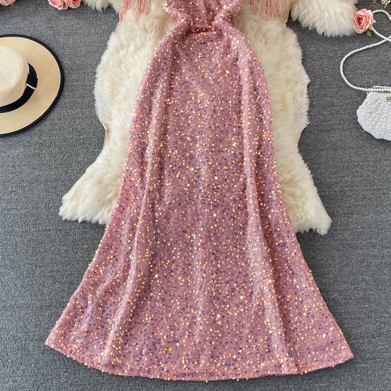 Sequins Party Maxi Dress For Women Sexy V-Neck Short Sleeve High Waist Tassel Long Robe Female Elegant Vestidos