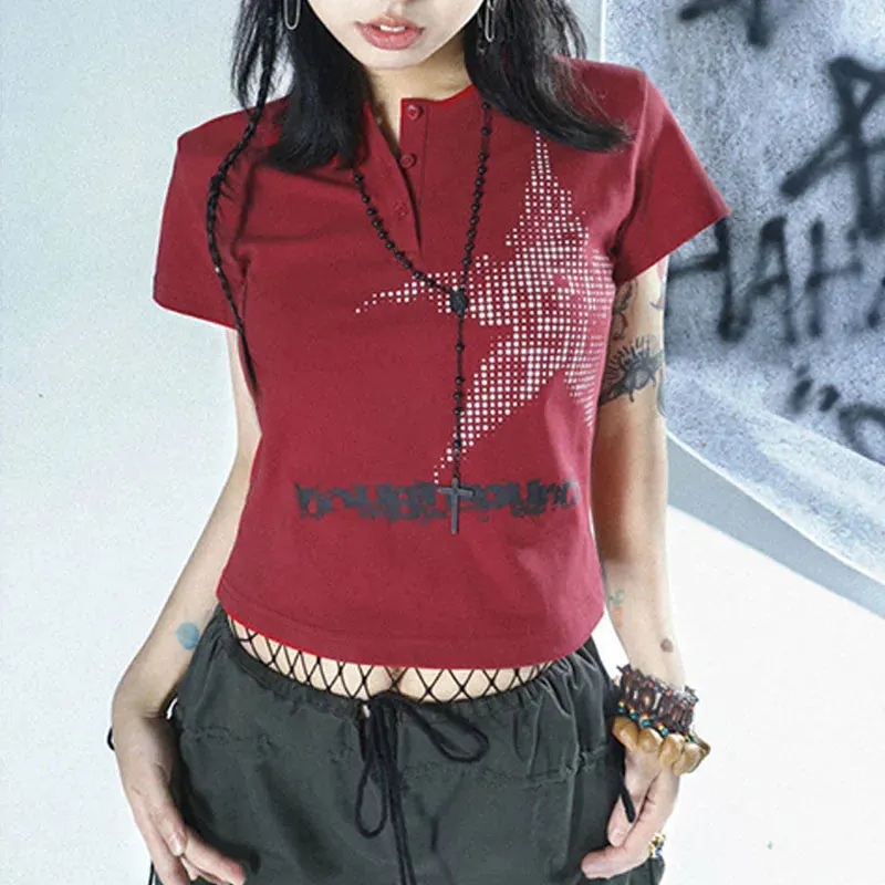 Maxct Y2K Vintage Cyber Graphic T-shirt Halloween Retro Grunge Star Print Pullovers Tops Japanese Style Emo Short Sleeve Baggy Tees