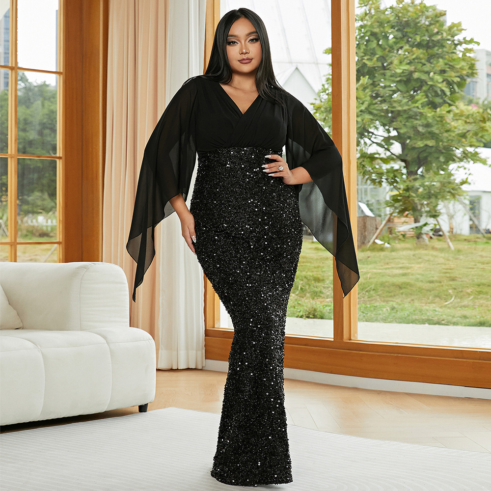 Maxct Plus Size Elegant Sexy Long Sequined V-neck Long Sleeve Banquet Evening Dress Bridesmaid Dress Dress Women
