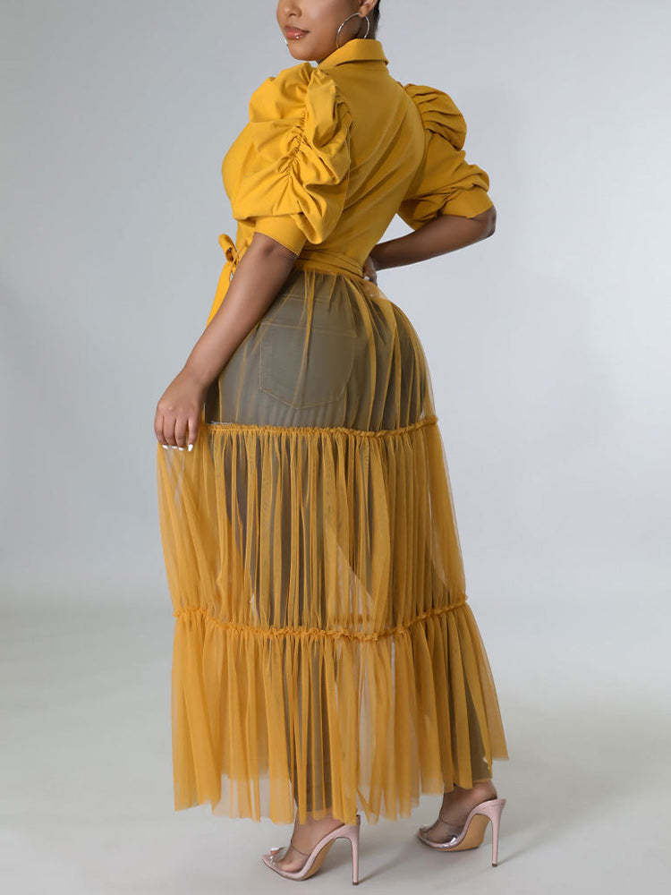Long Sleeve Mesh Shirt Dress with Belt Maxct