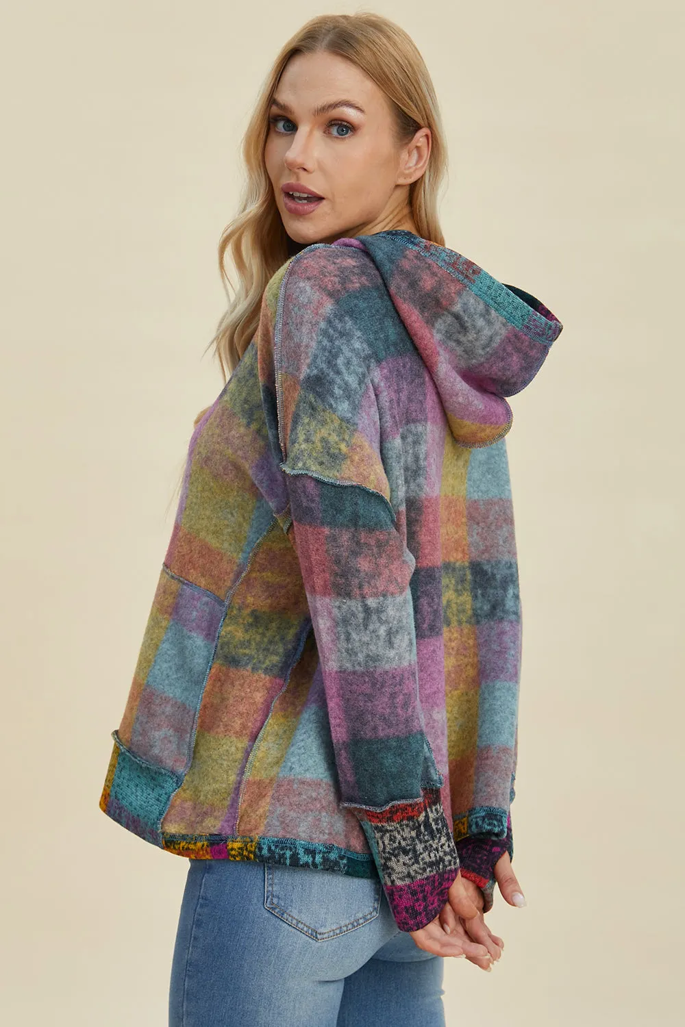 Maxct &Double Take Full Size Plaid Dropped Shoulder Fleece Hoodie