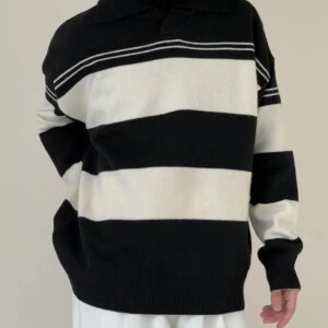 Maxct Lapel Black And White Striped Sweater