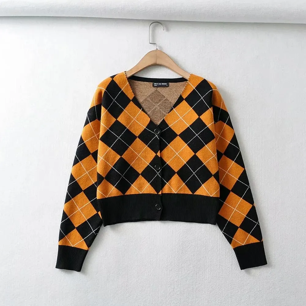 Maxct Plaid Preppy Argyle Cardigan